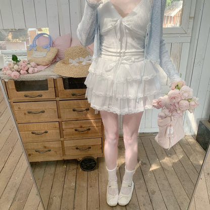 Lace Trim Tie Front Sheer Crop Cardigan