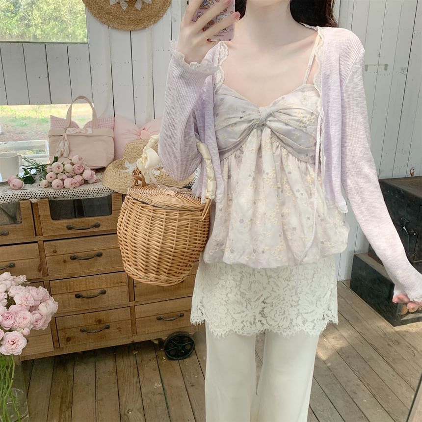 Lace Trim Tie Front Sheer Crop Cardigan