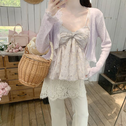 Lace Trim Tie Front Sheer Crop Cardigan