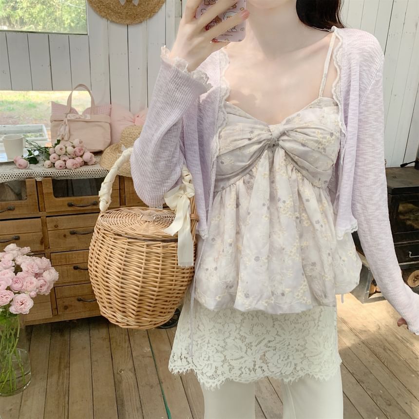 Lace Trim Tie Front Sheer Crop Cardigan