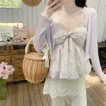 Lace Trim Tie Front Sheer Crop Cardigan