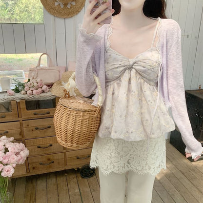Lace Trim Tie Front Sheer Crop Cardigan