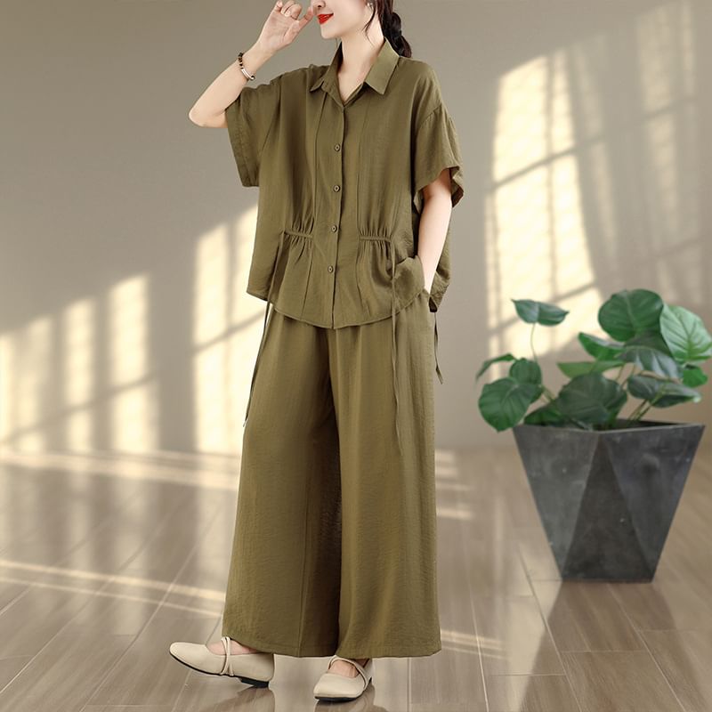 Short Sleeve Drawstring Button-Up Shirt and Mid Rise Wide Leg Pants Set