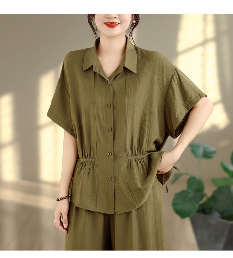 Short Sleeve Drawstring Button-Up Shirt and Mid Rise Wide Leg Pants Set
