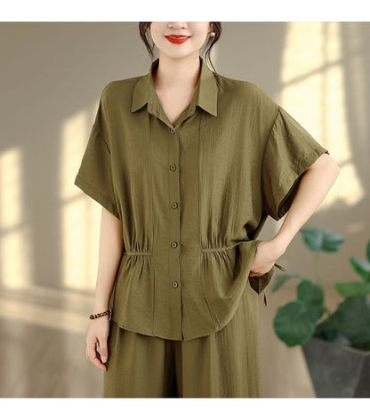 Short Sleeve Drawstring Button-Up Shirt and Mid Rise Wide Leg Pants Set