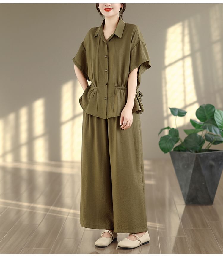 Short Sleeve Drawstring Button-Up Shirt and Mid Rise Wide Leg Pants Set