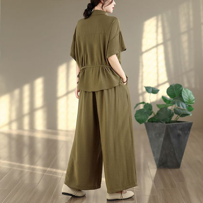 Short Sleeve Drawstring Button-Up Shirt and Mid Rise Wide Leg Pants Set