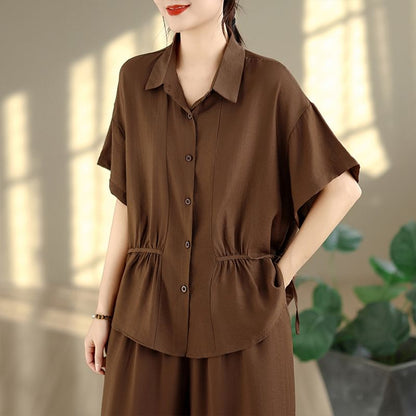 Short Sleeve Drawstring Button-Up Shirt and Mid Rise Wide Leg Pants Set
