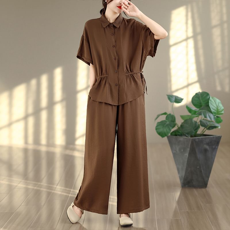 Short Sleeve Drawstring Button-Up Shirt and Mid Rise Wide Leg Pants Set