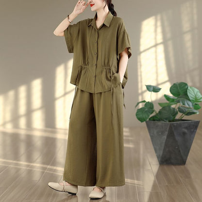 Short Sleeve Drawstring Button-Up Shirt and Mid Rise Wide Leg Pants Set