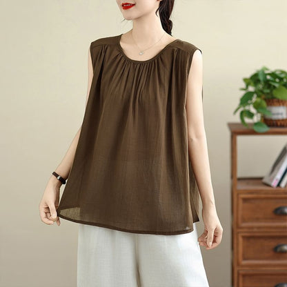 Sleeveless Round Neck Solid Shirred Top