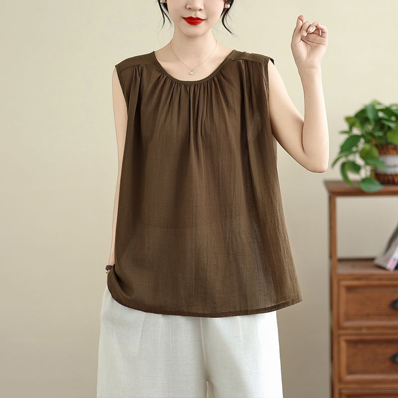 Sleeveless Round Neck Solid Shirred Top