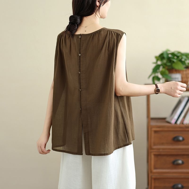 Sleeveless Round Neck Solid Shirred Top