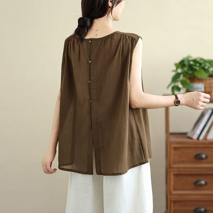 Sleeveless Round Neck Solid Shirred Top