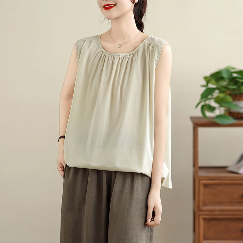 Sleeveless Round Neck Solid Shirred Top