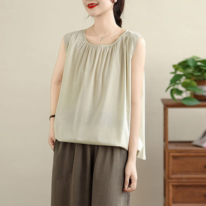 Sleeveless Round Neck Solid Shirred Top