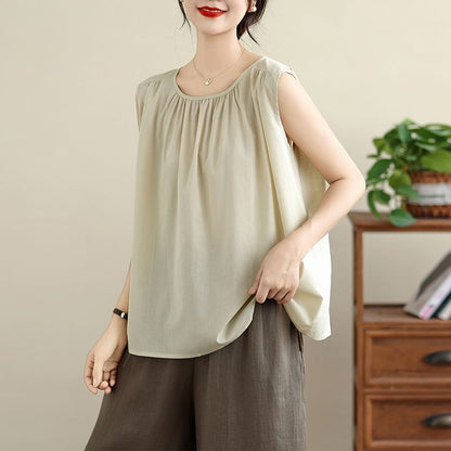 Sleeveless Round Neck Solid Shirred Top