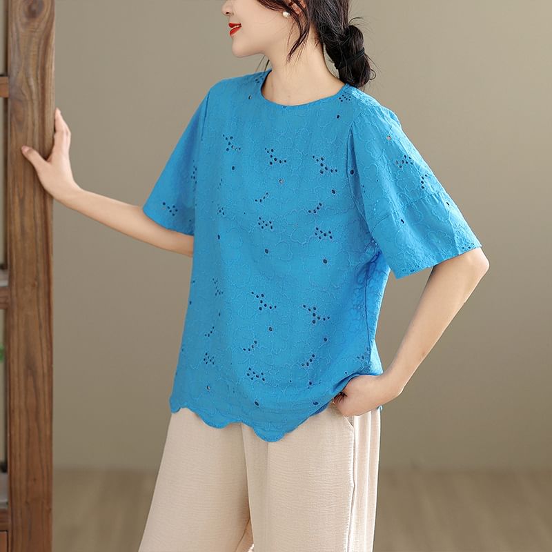 Short Sleeve Crew Neck Lace Blouse