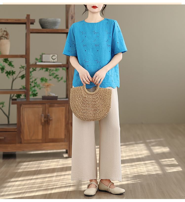 Short Sleeve Crew Neck Lace Blouse