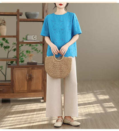Short Sleeve Crew Neck Lace Blouse
