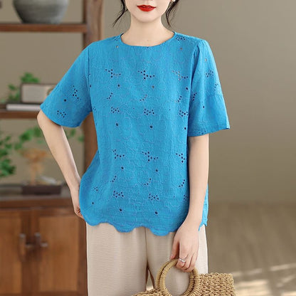 Short Sleeve Crew Neck Lace Blouse