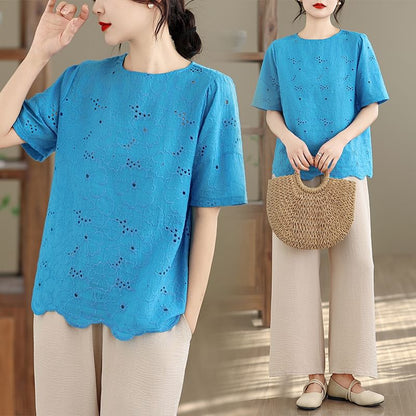 Short Sleeve Crew Neck Lace Blouse