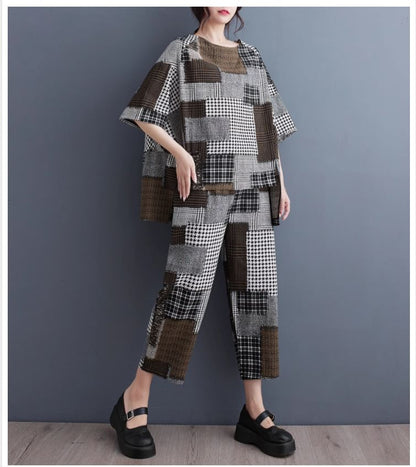 Short Sleeve Crew Neck Plaid Panel Blouse and Mid Rise Capri Trousers Co-ord