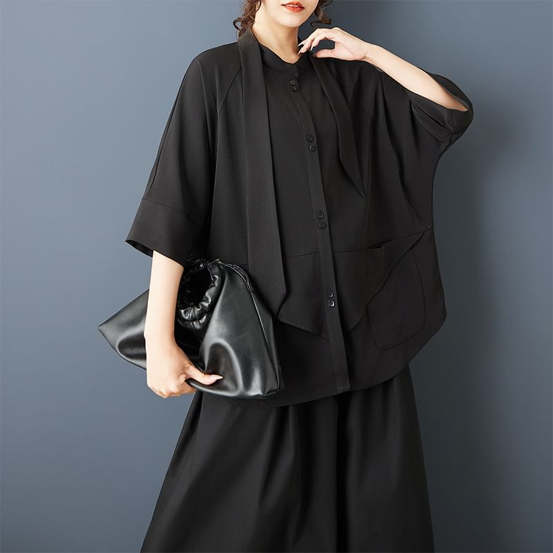 Short Sleeve Asymmetrical Solid Button-Up Blouse