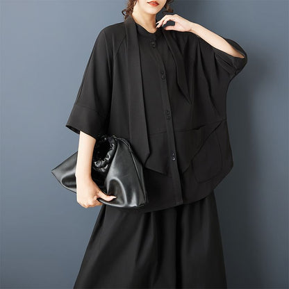 Short Sleeve Asymmetrical Solid Button-Up Blouse