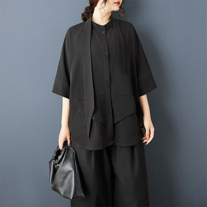 Short Sleeve Asymmetrical Solid Button-Up Blouse