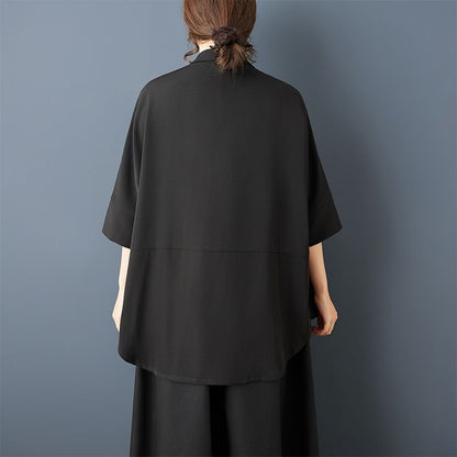 Short Sleeve Asymmetrical Solid Button-Up Blouse