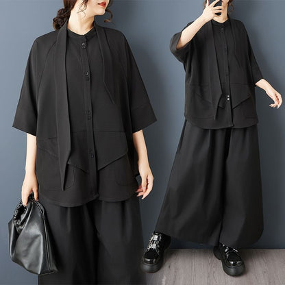 Short Sleeve Asymmetrical Solid Button-Up Blouse