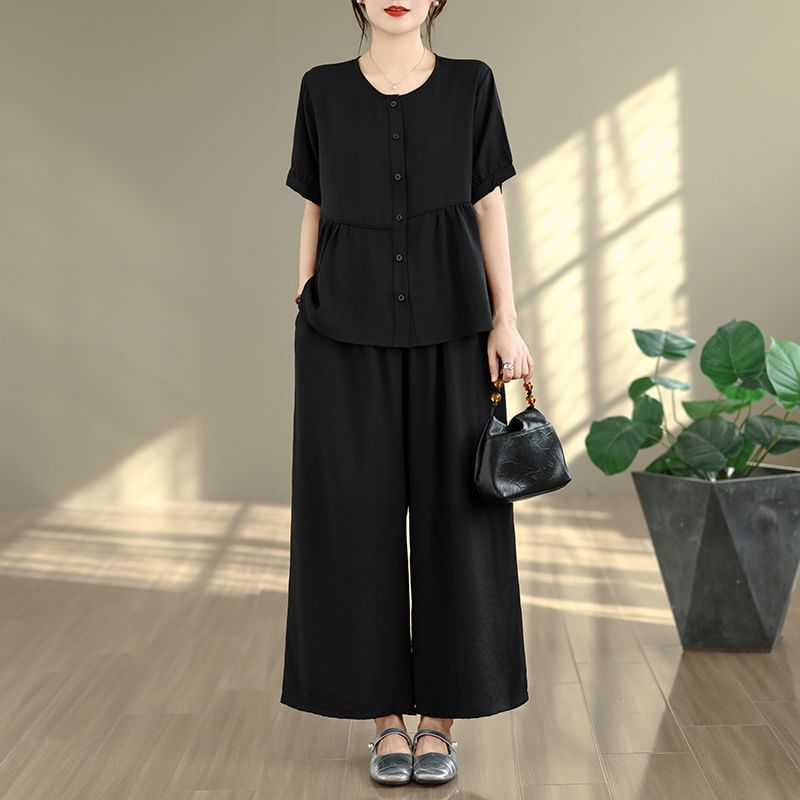 Coordinated 2-Piece Set: Casual Boxy Shirt and Flared Trousers