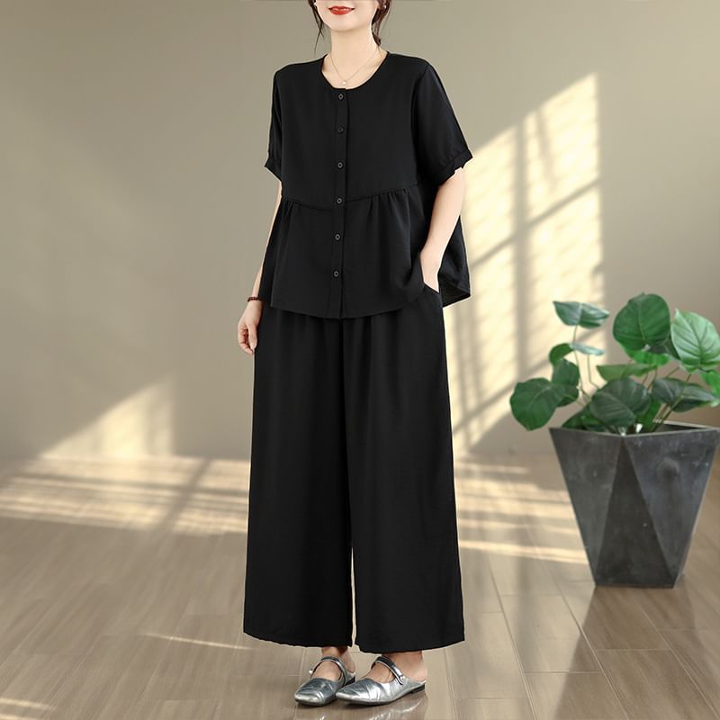 Coordinated 2-Piece Set: Casual Boxy Shirt and Flared Trousers