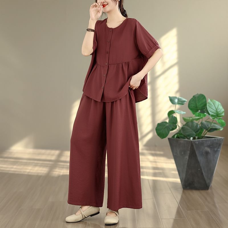 Coordinated 2-Piece Set: Casual Boxy Shirt and Flared Trousers