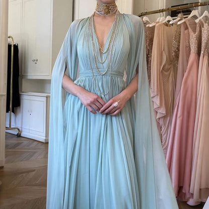 Cape Sleeve Deep Plunge Plain Ruched Maxi A-Line Dress