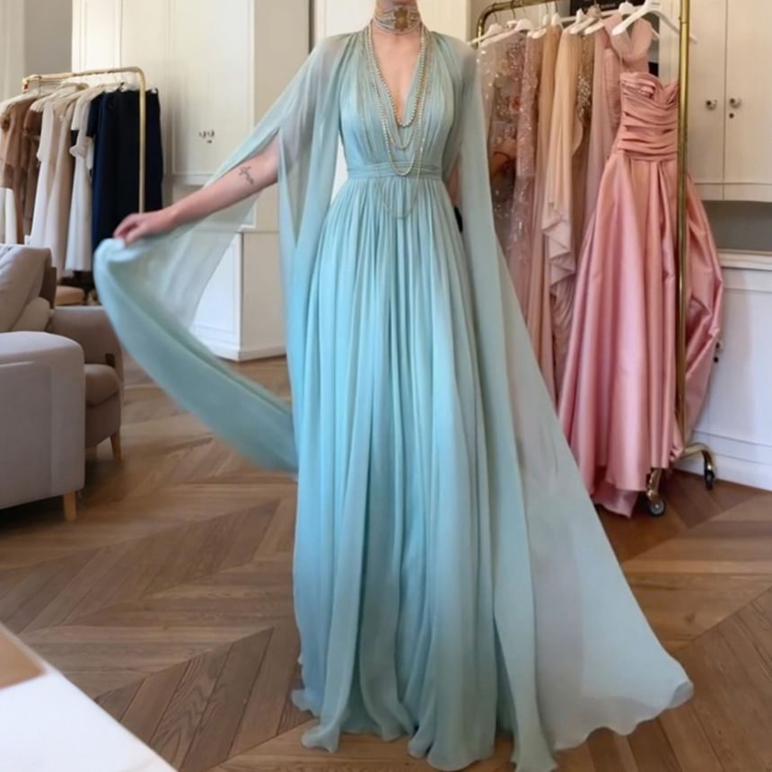 Cape Sleeve Deep Plunge Plain Ruched Maxi A-Line Dress