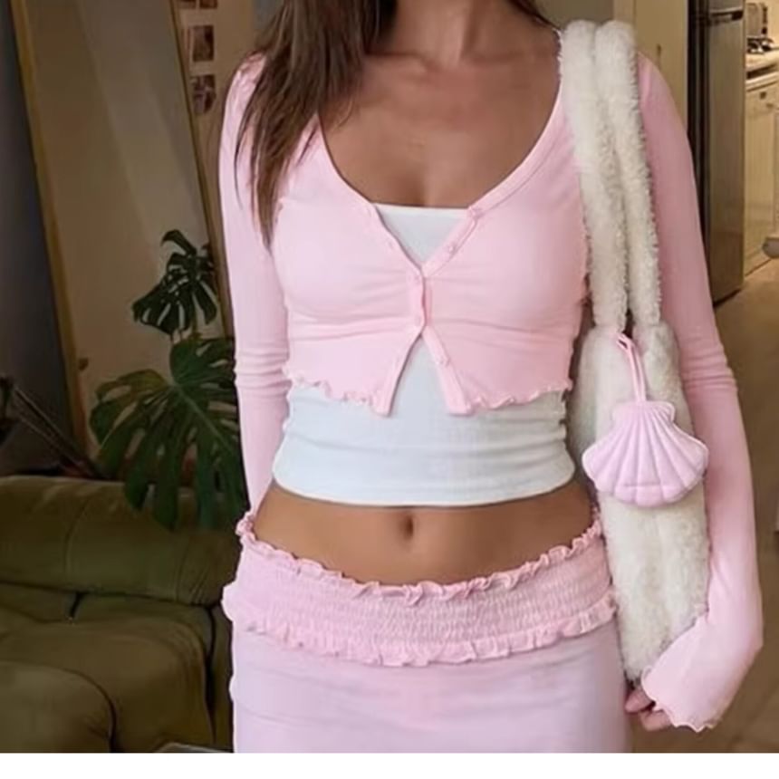 Long Sleeve Scoop Neck Plain Ruffled-Trim Cropped Light Cardigan with Tube Top