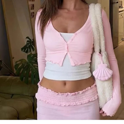 Long Sleeve Scoop Neck Plain Ruffled-Trim Cropped Light Cardigan with Tube Top