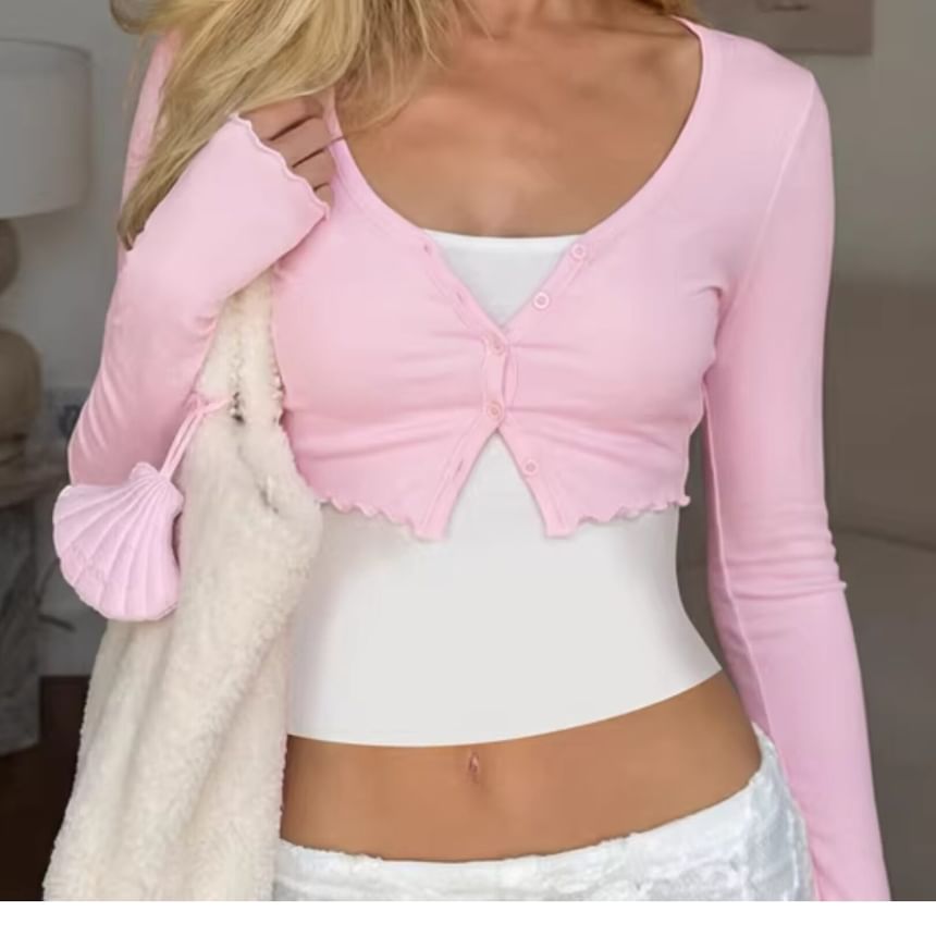 Long Sleeve Scoop Neck Plain Ruffled-Trim Cropped Light Cardigan with Tube Top