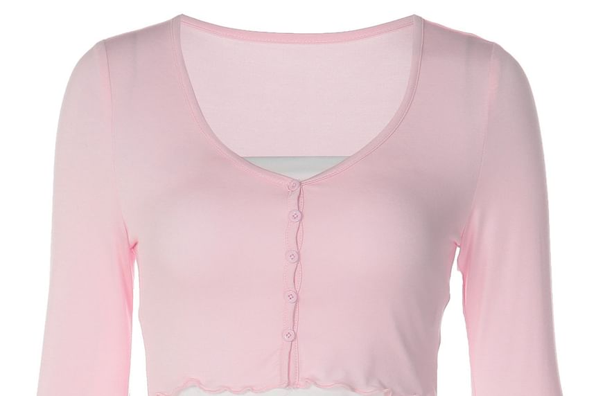 Long Sleeve Scoop Neck Plain Ruffled-Trim Cropped Light Cardigan with Tube Top