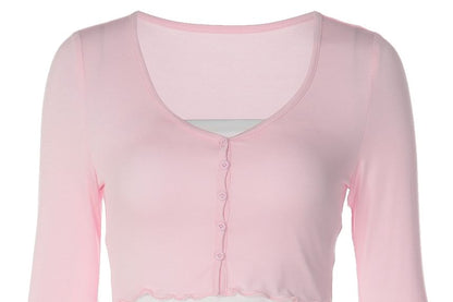 Long Sleeve Scoop Neck Plain Ruffled-Trim Cropped Light Cardigan with Tube Top