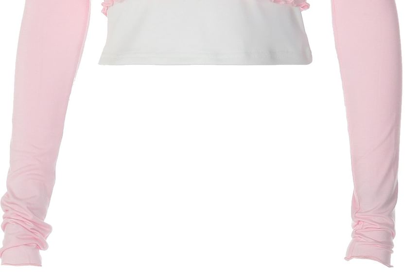 Long Sleeve Scoop Neck Plain Ruffled-Trim Cropped Light Cardigan with Tube Top