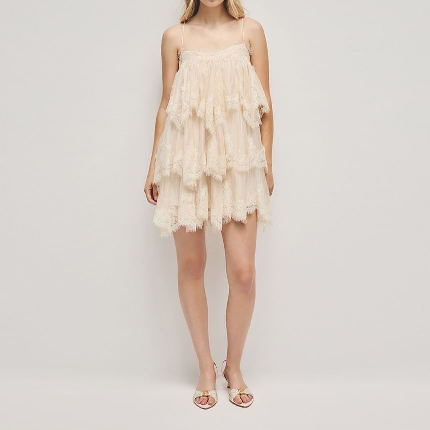 Spaghetti Strap Lace Mini Tiered Dress