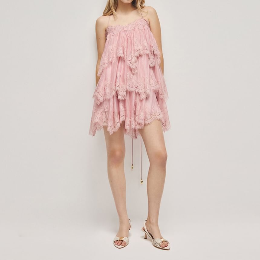 Spaghetti Strap Lace Mini Tiered Dress