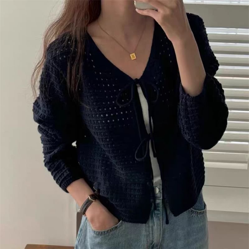 V-Neck Crochet Plain Crop Cardigan