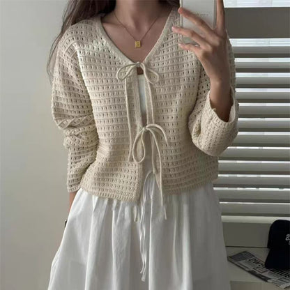 V-Neck Crochet Plain Crop Cardigan