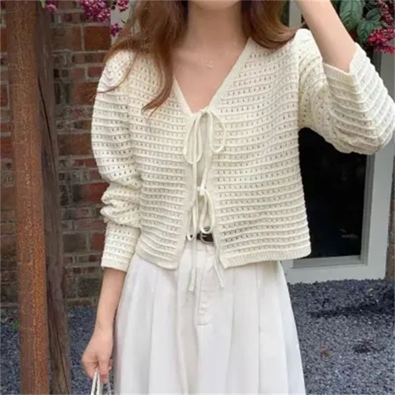 V-Neck Crochet Plain Crop Cardigan