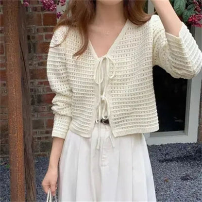 V-Neck Crochet Plain Crop Cardigan