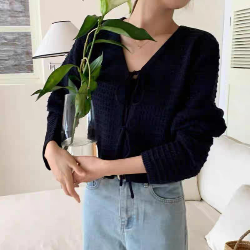 V-Neck Crochet Plain Crop Cardigan